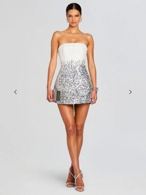 Retrofête White Silver Strapless Sequin Kameron Embellished Mini Dress Medium